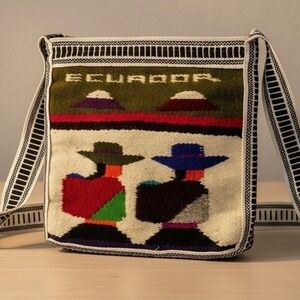Handmade Woven Shoulder Bag Folk Art Kilim Style Two Figures Artisan 8x8 Ecuador